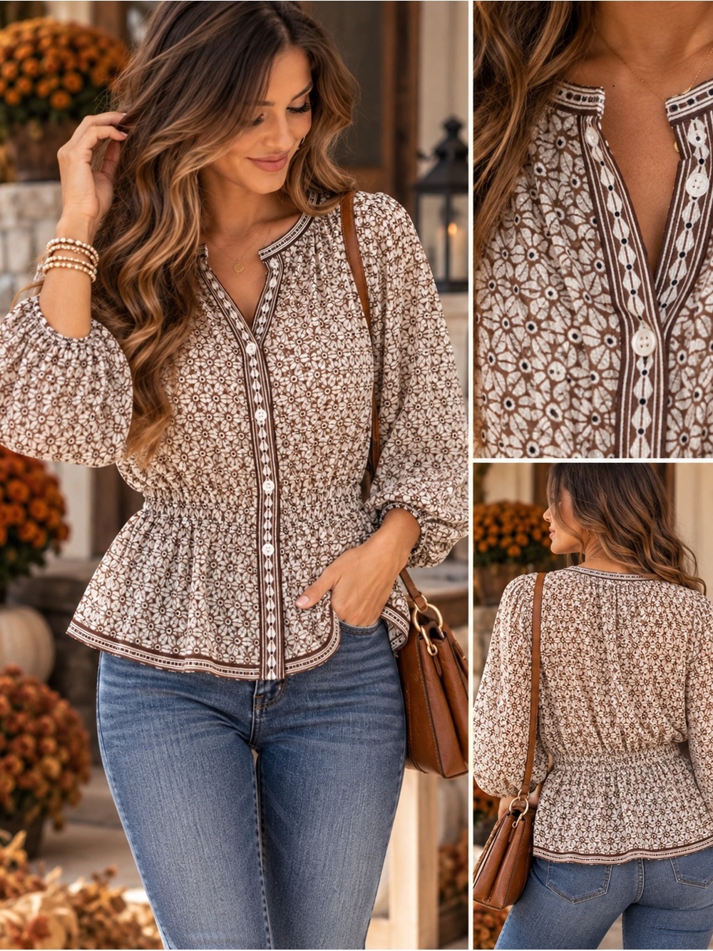 Max Studio London Floral Button Front Peplum Blouse Brown Cream Small